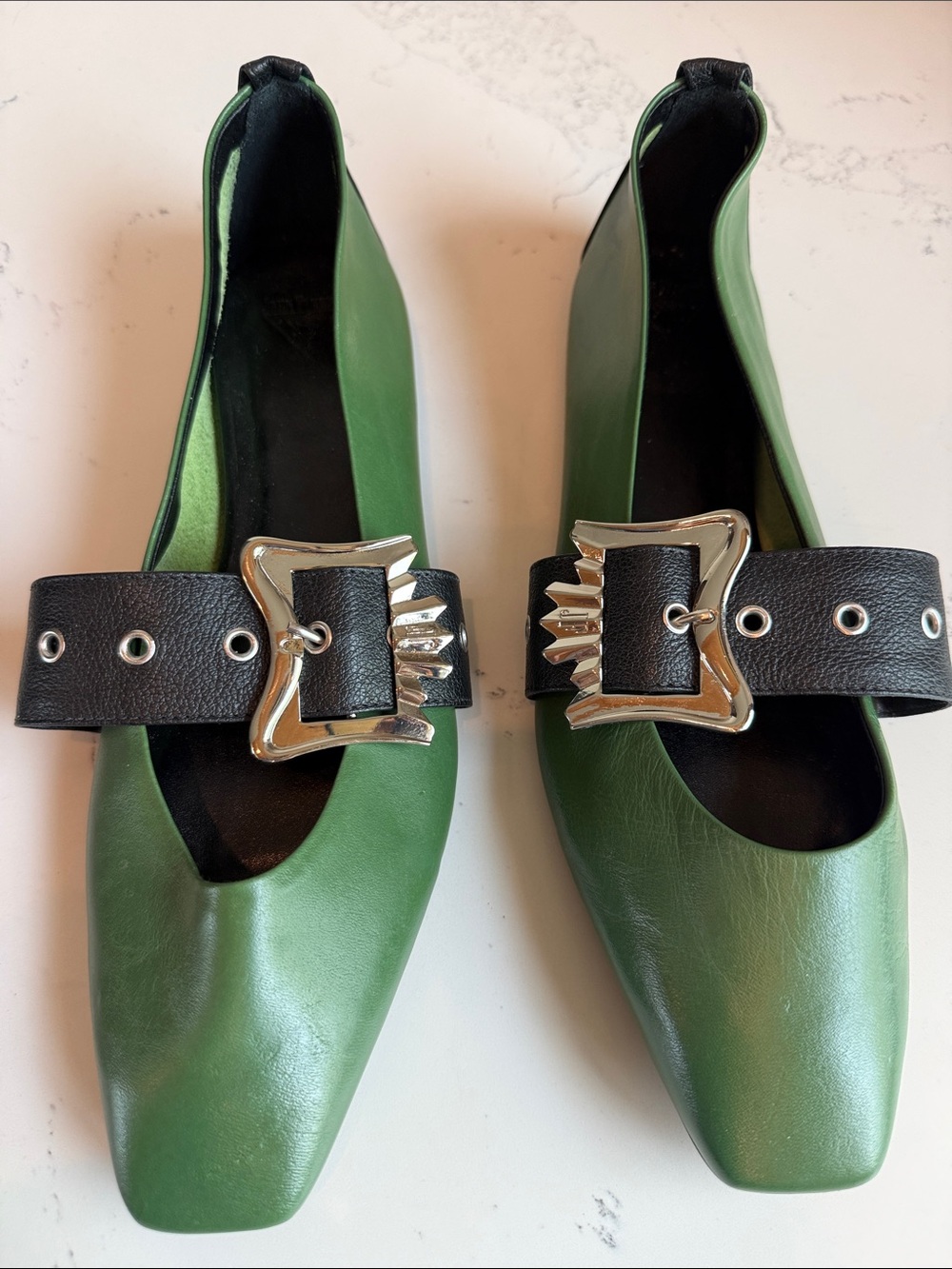 John Fluevog Misty Slip On Mary Jane Square Toe Green/Black Color Size 11